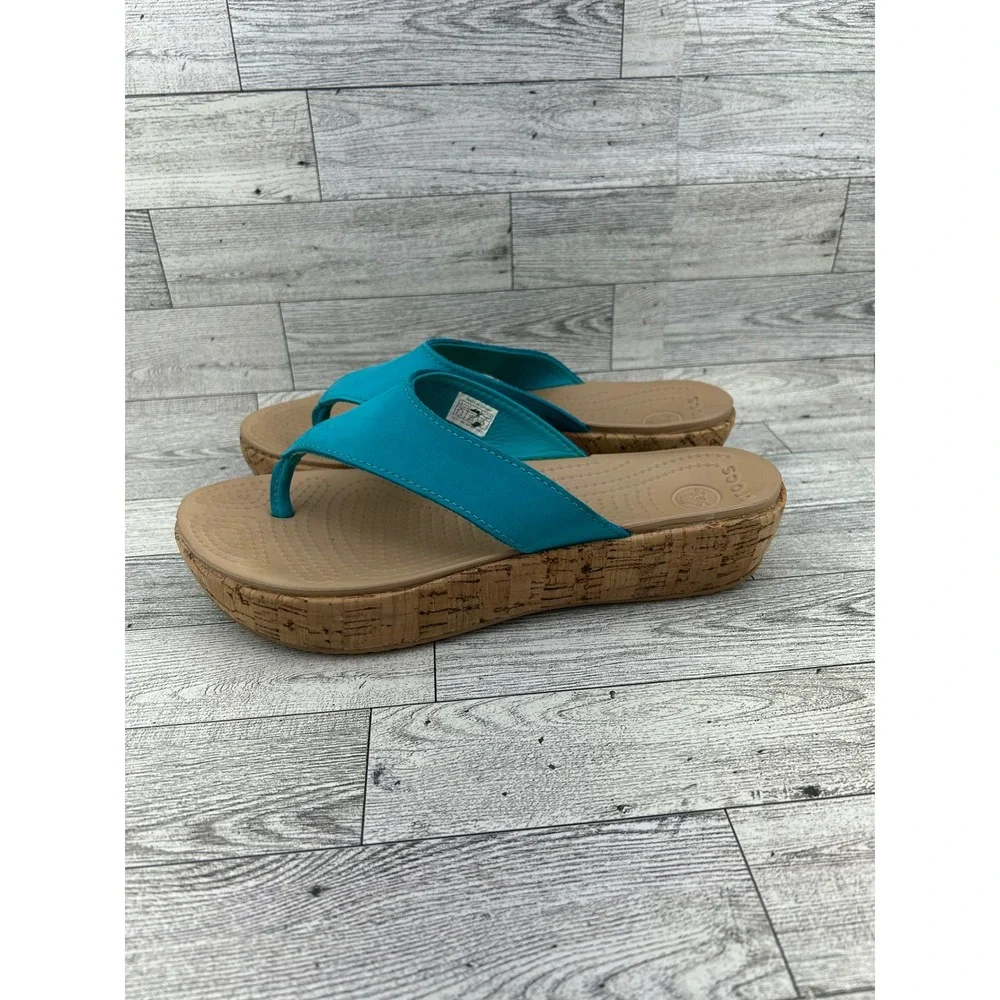 Crocs A-Leigh Leather Platform Flip Flop Wedge Sandals Turquoise Womens 8 14933